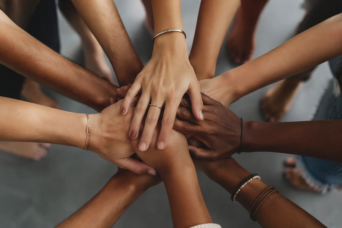 Diverse Hands Stacked in Hopeful Unity