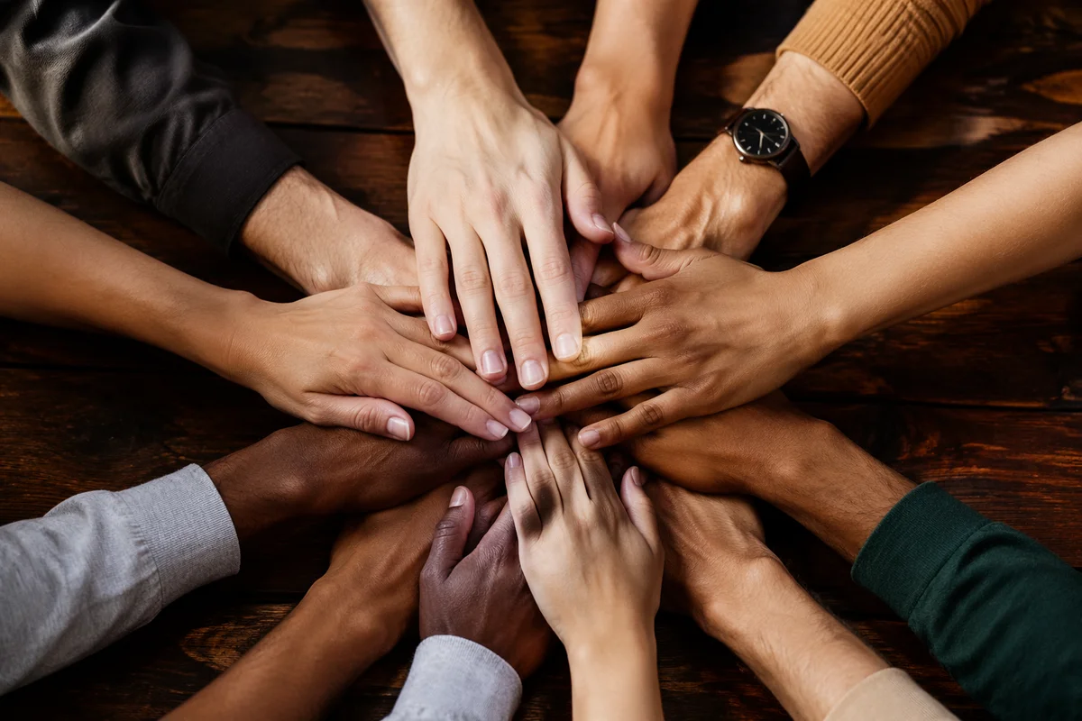 Diverse Hands United on Rustic Table