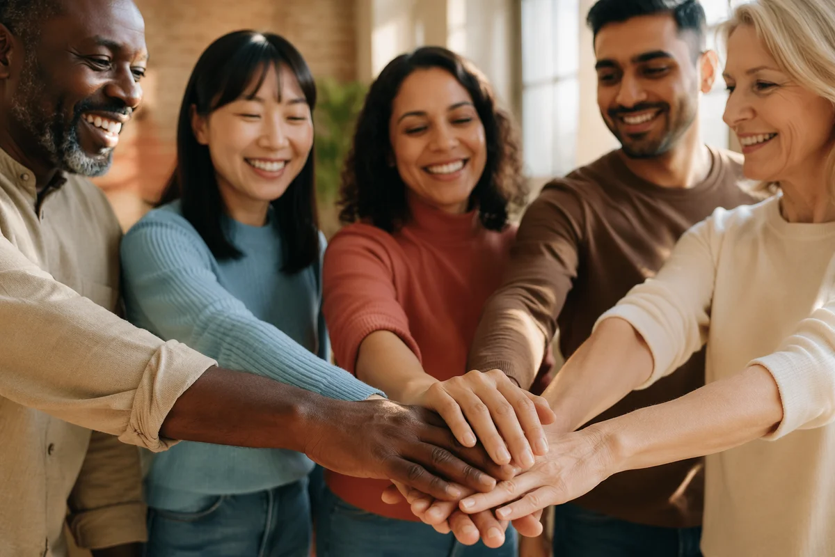 Diverse Coworkers Stacking Hands in Unity