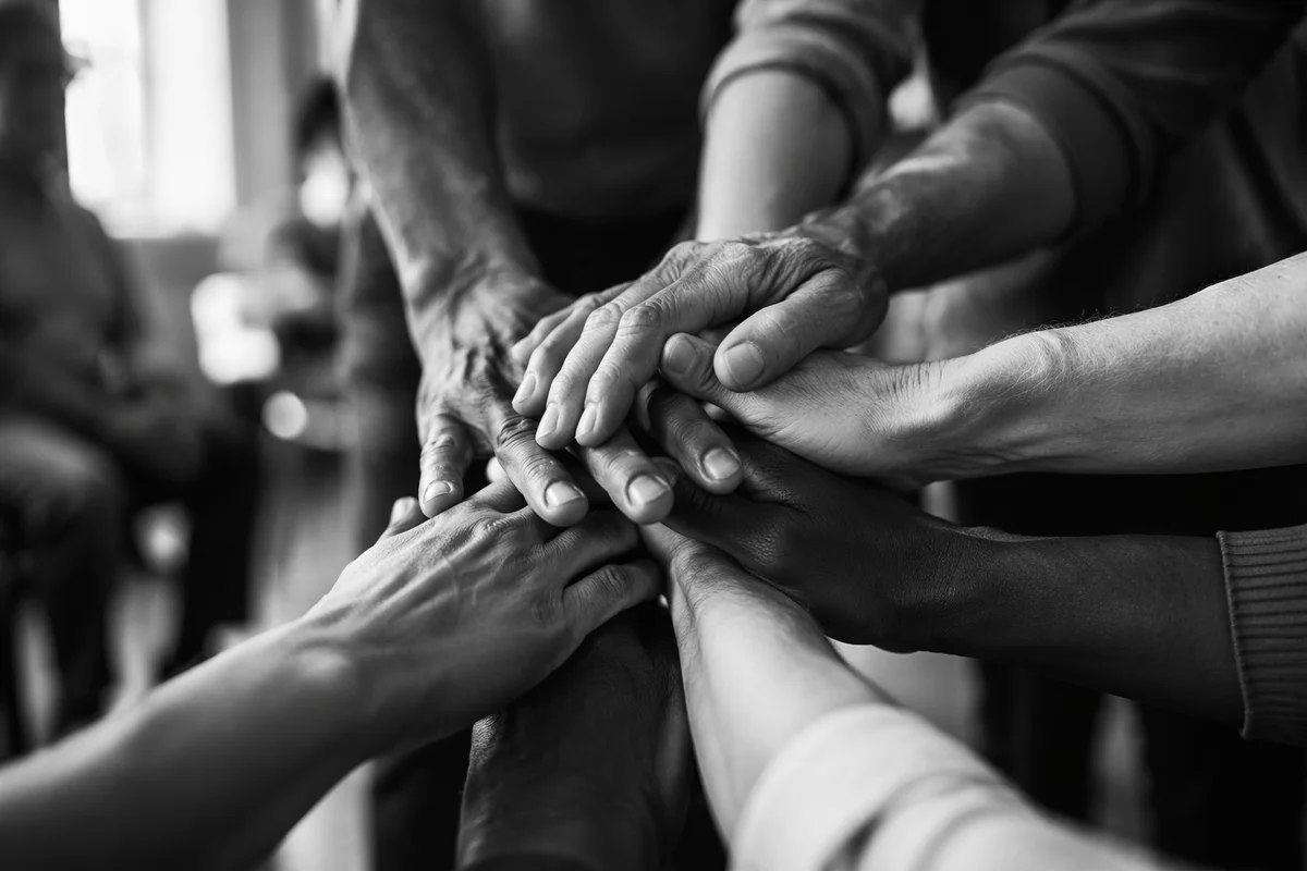 Diverse Hands Stacked in Christian Unity