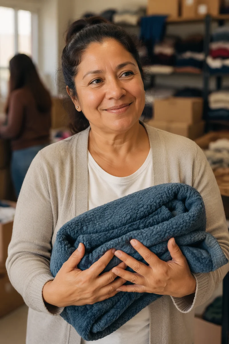 Warm Portrait of Volunteer Holding Blanket