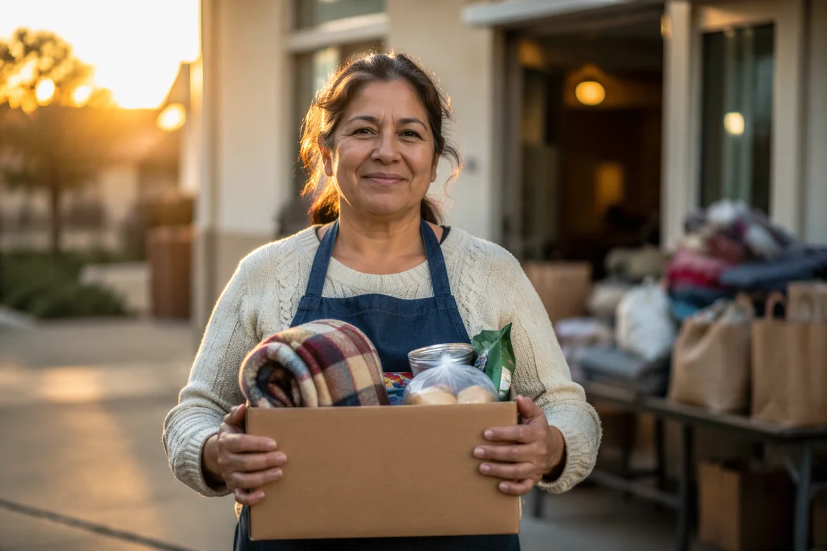 Warm Volunteer Portrait with Donation Box