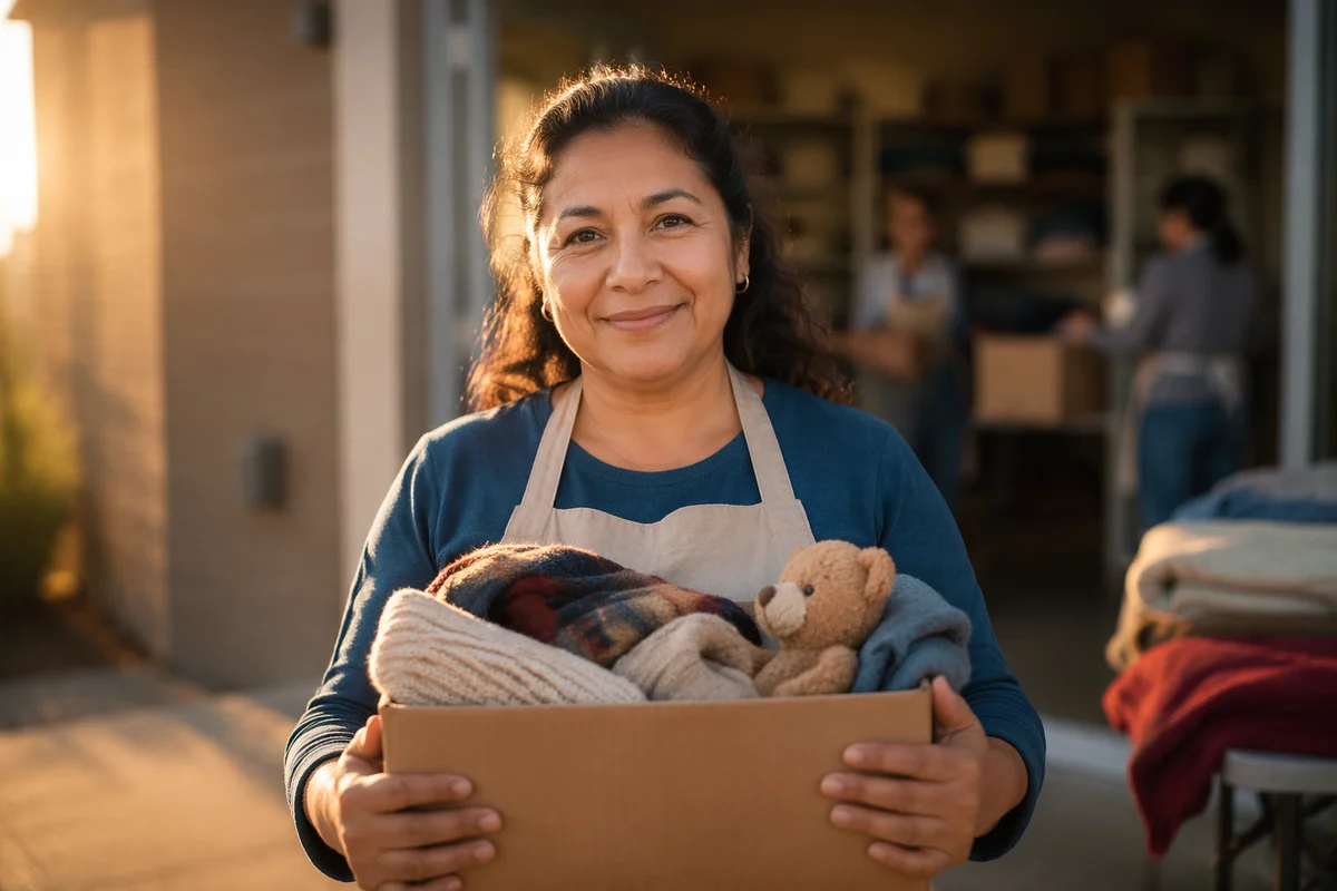Warm Volunteer Portrait with Donation Box