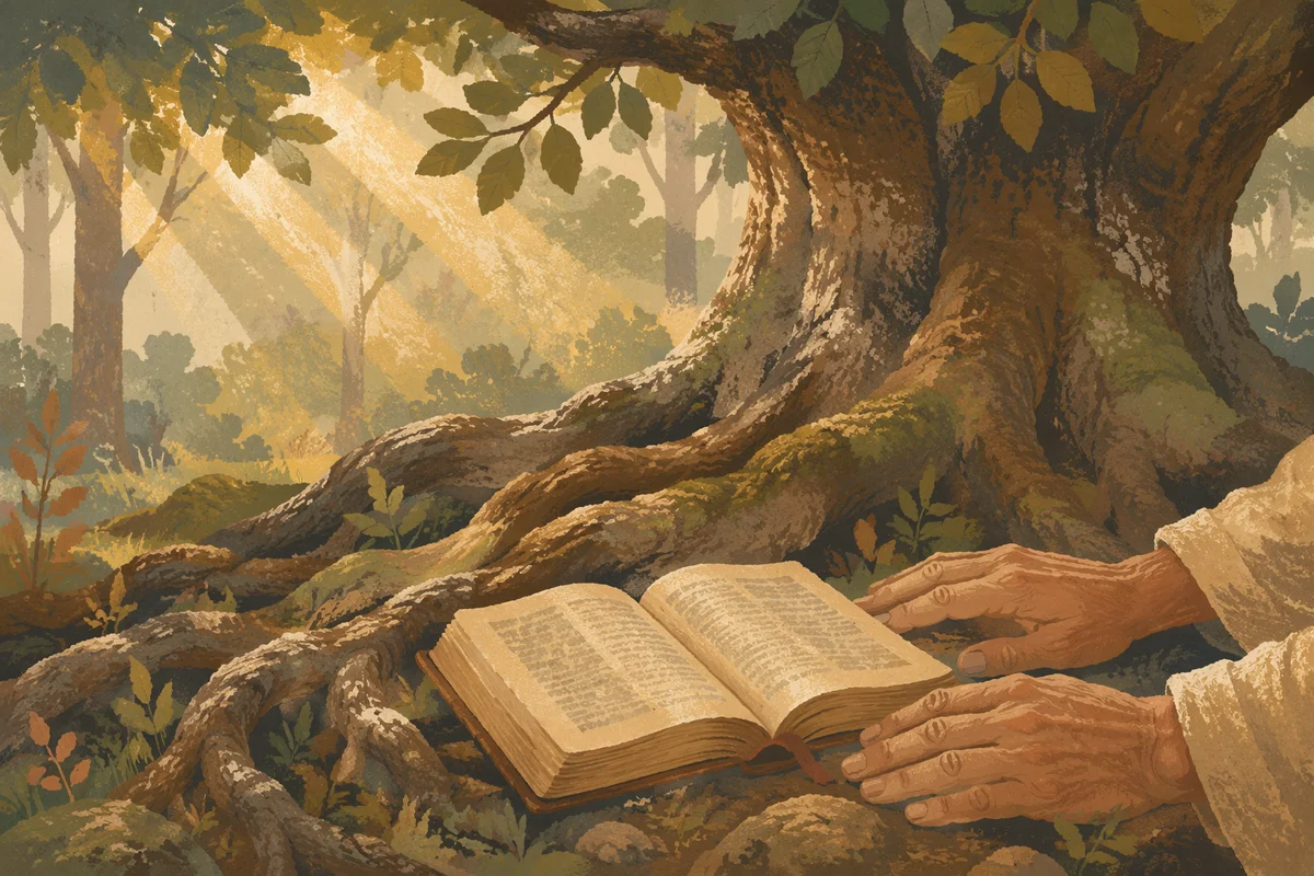 Ancient Oak Roots Embracing Open Bible