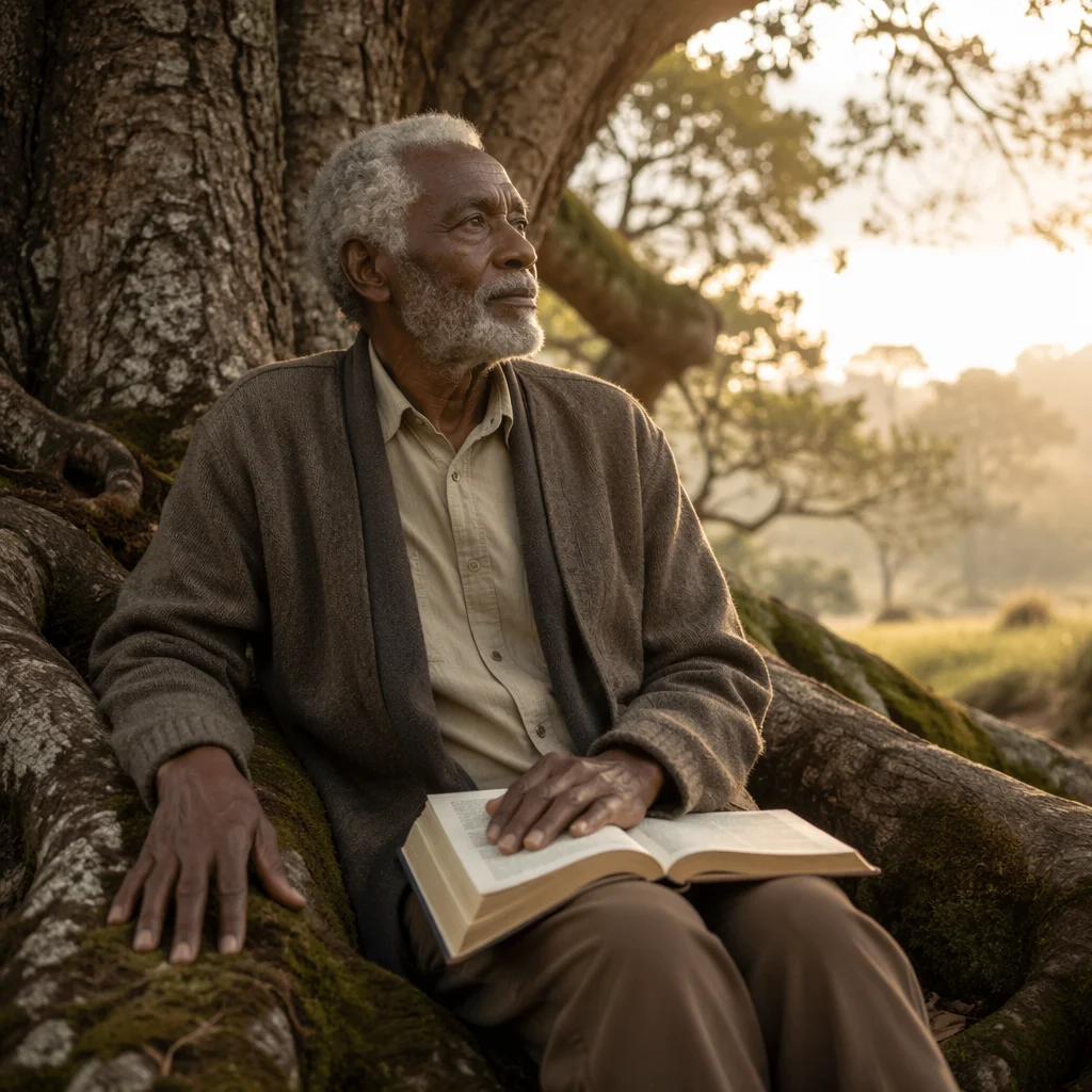 Elderly Man Reading Beneath Ancient Tree