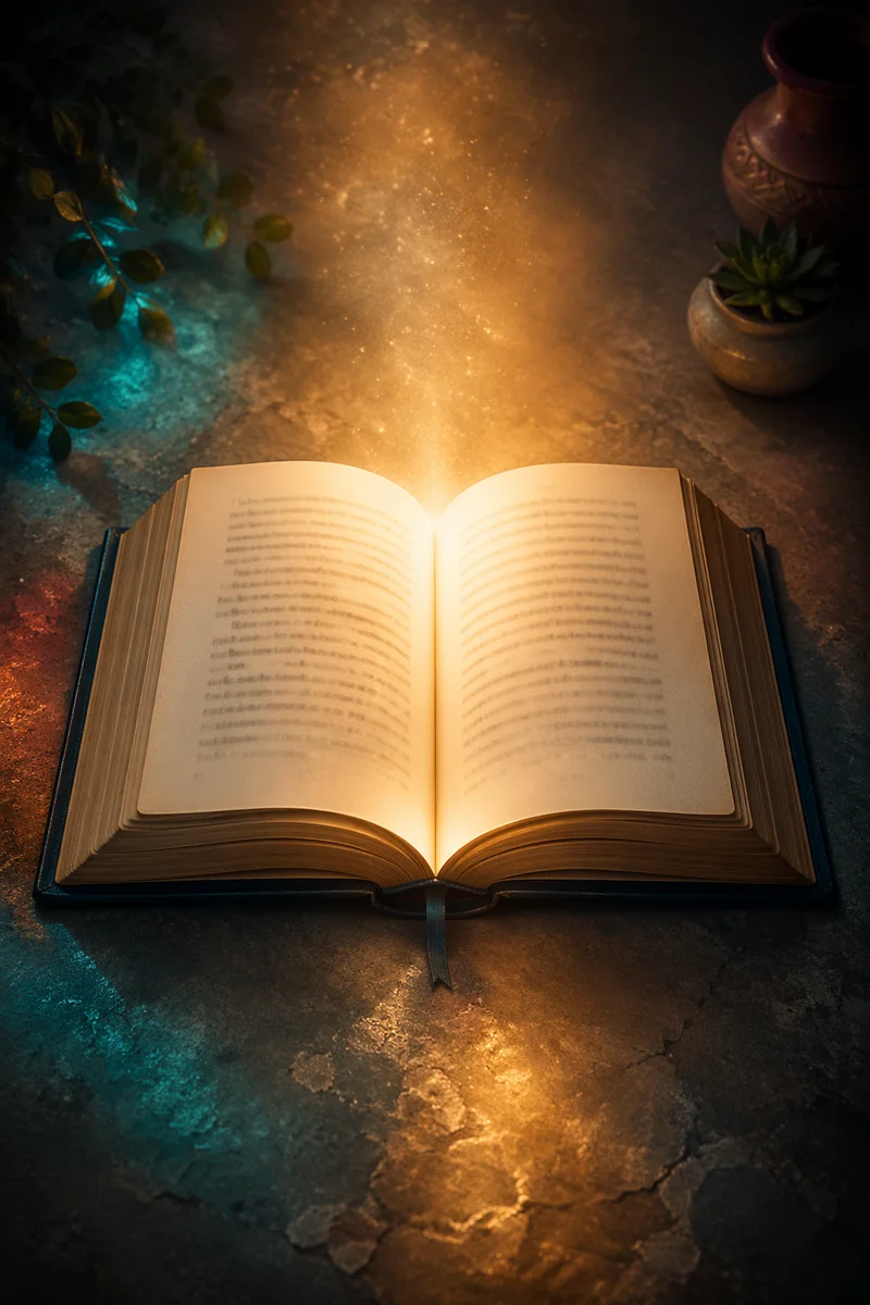 Glowing Open Book of Quiet Wisdom