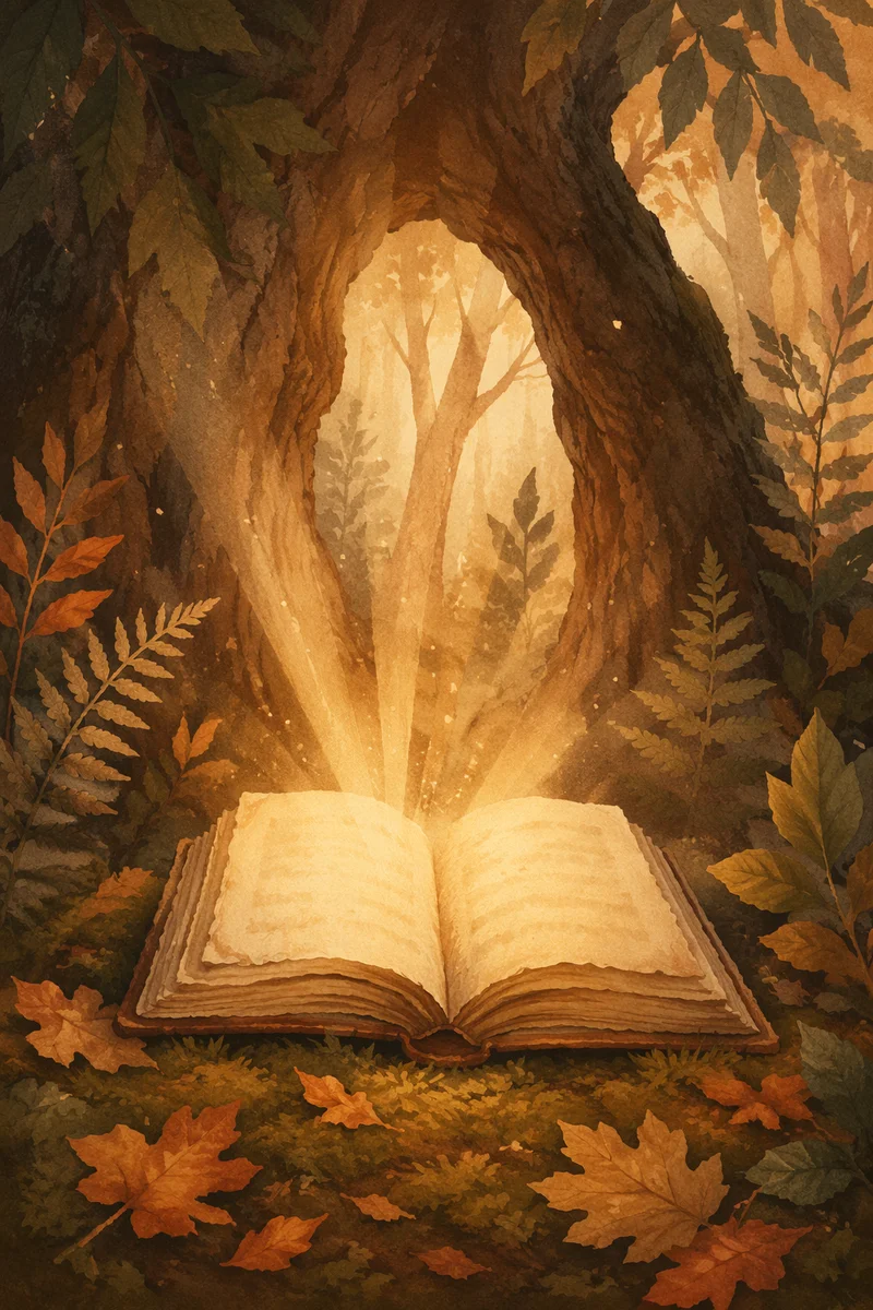 Glowing Open Book in Forest Clearing