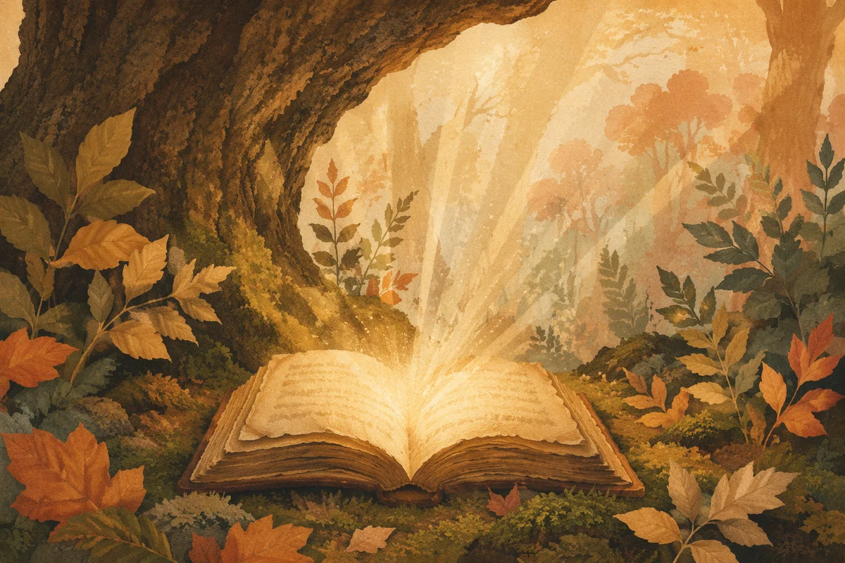 Glowing Open Book in Woodland Dawn