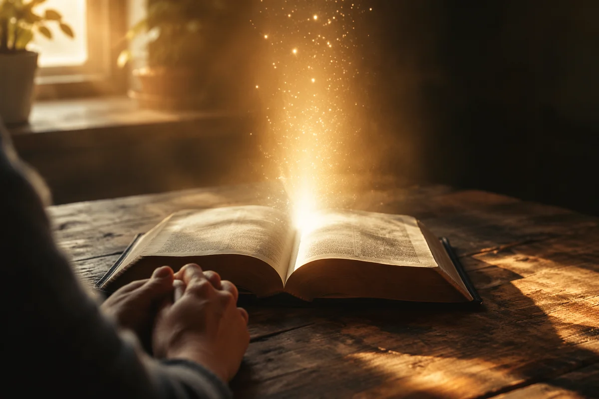 Open Bible Radiating Wisdom in Prayer