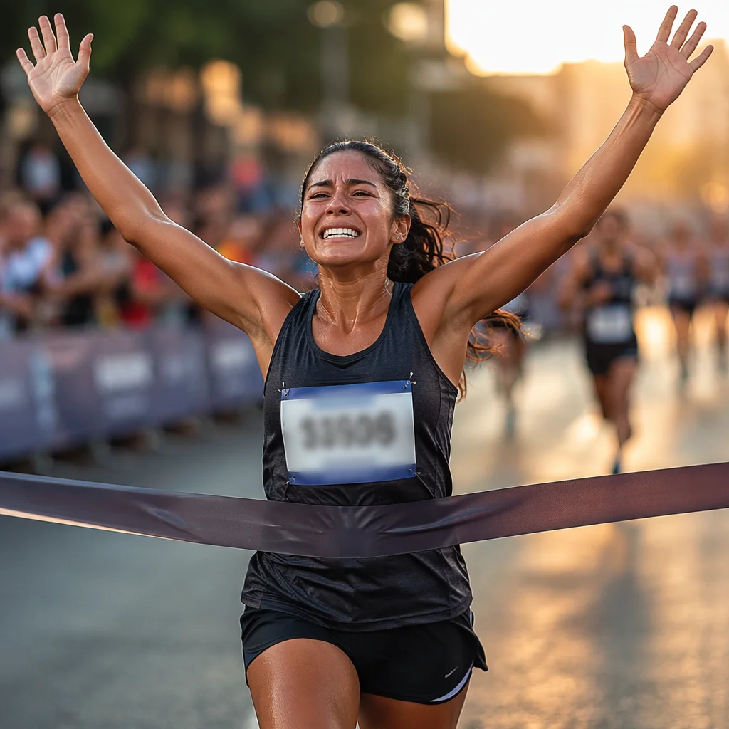 Emotional Marathon Runner Crossing Finish Line