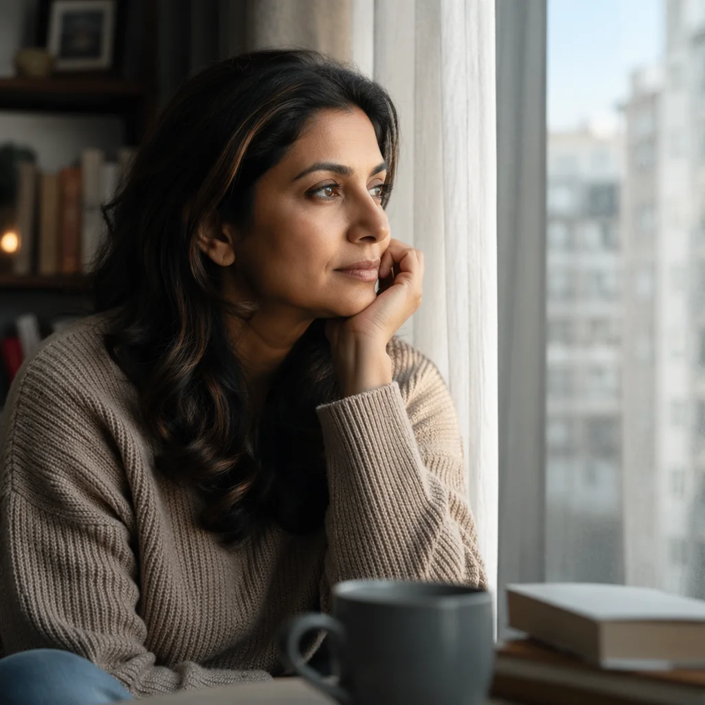 Thoughtful Woman by Apartment Window