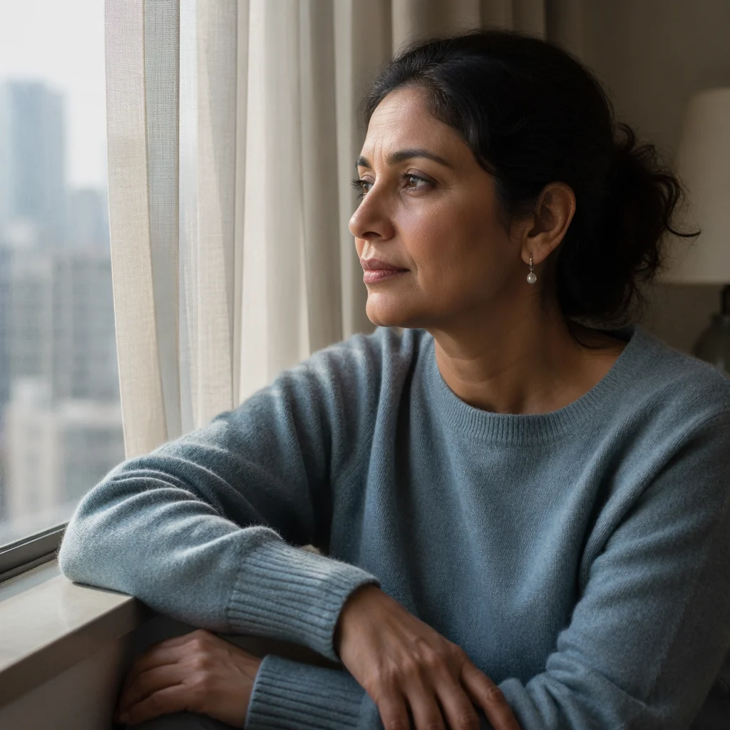 Thoughtful Woman by Apartment Window