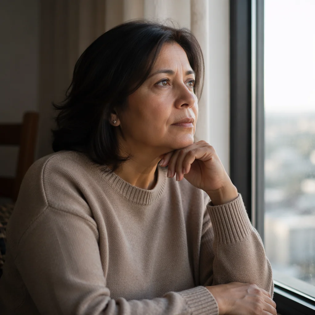 Thoughtful Woman by Apartment Window