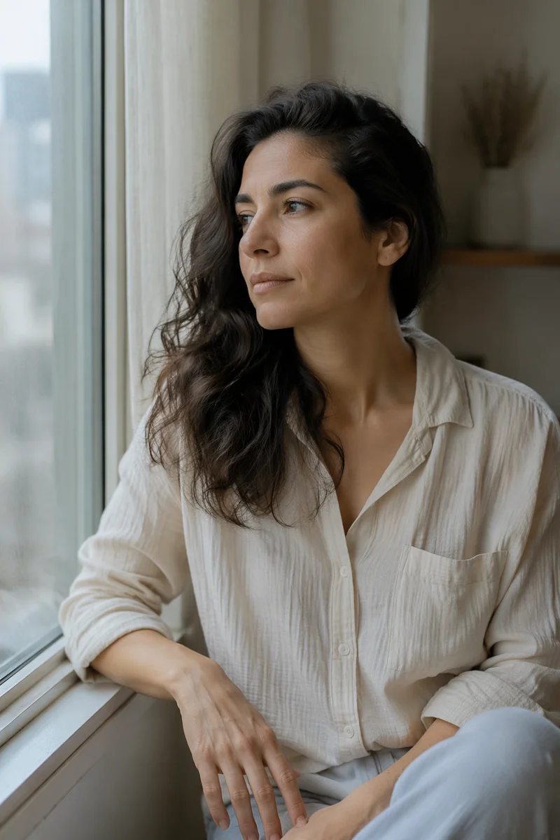 Thoughtful Woman by Apartment Window