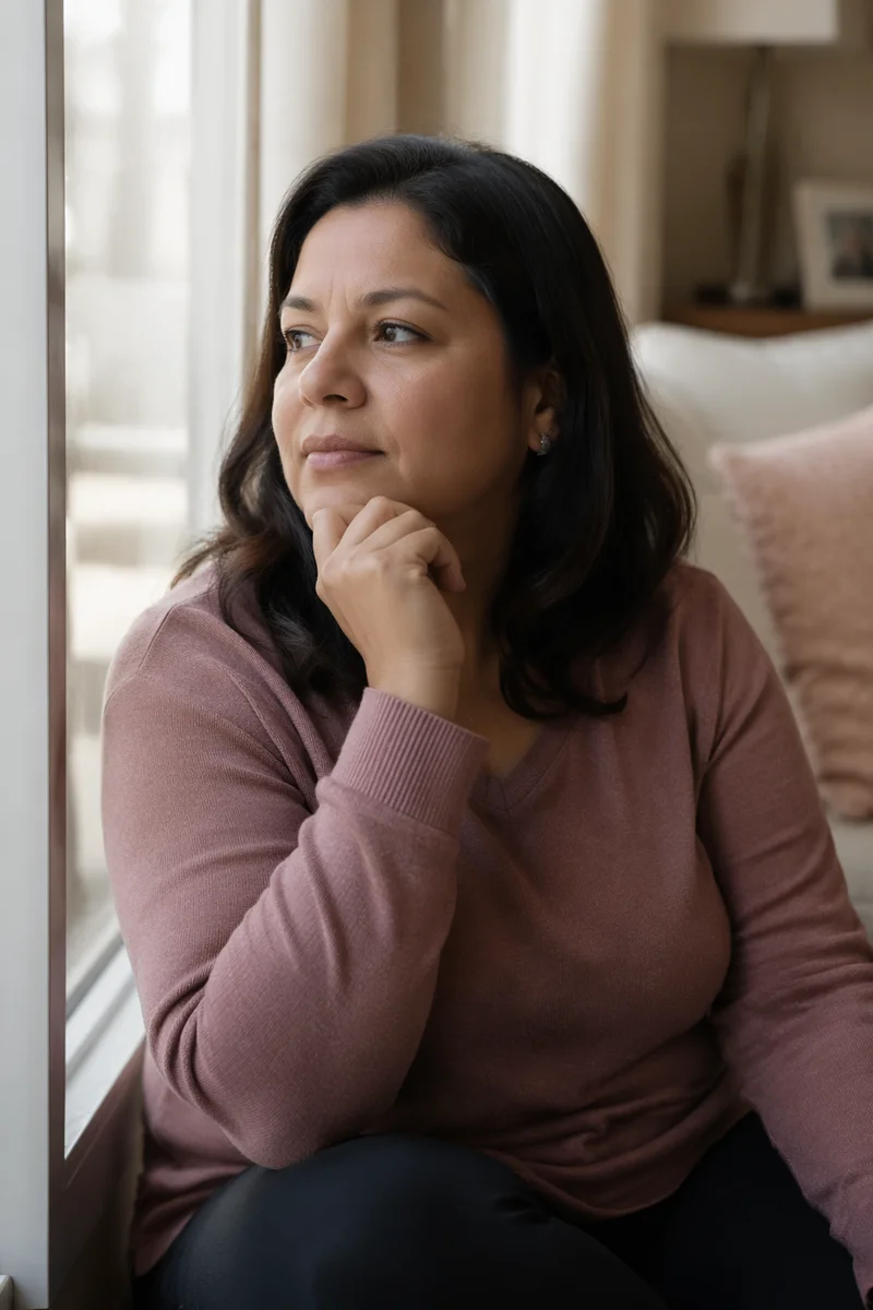 Thoughtful Woman by Apartment Window