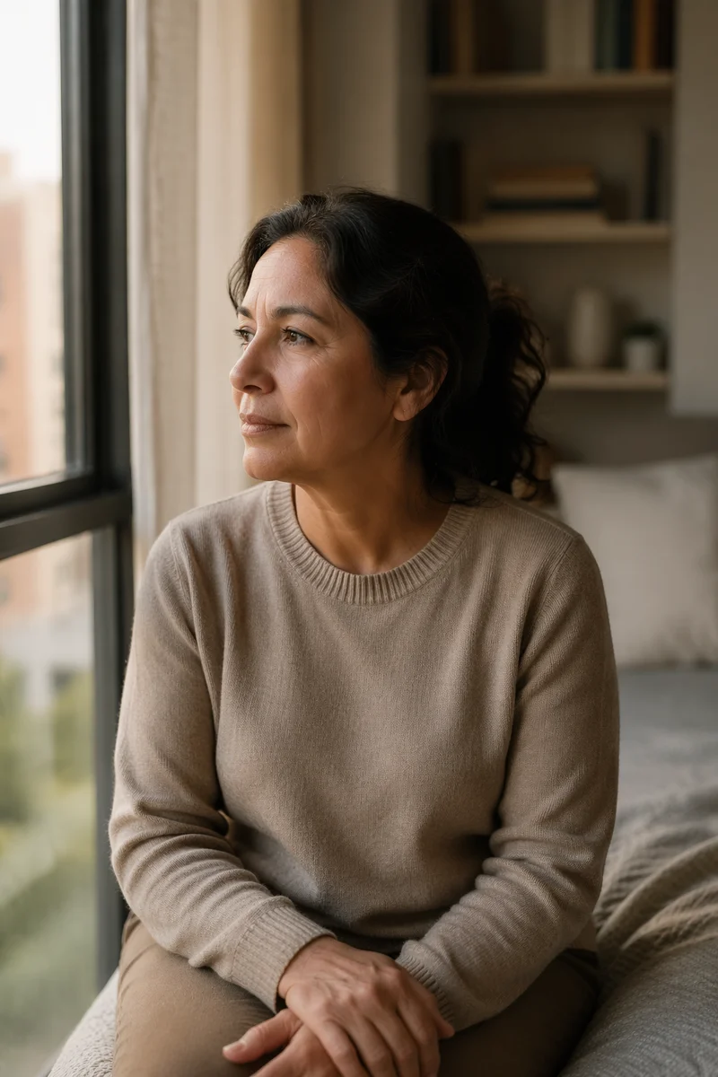 Thoughtful Woman Beside Apartment Window