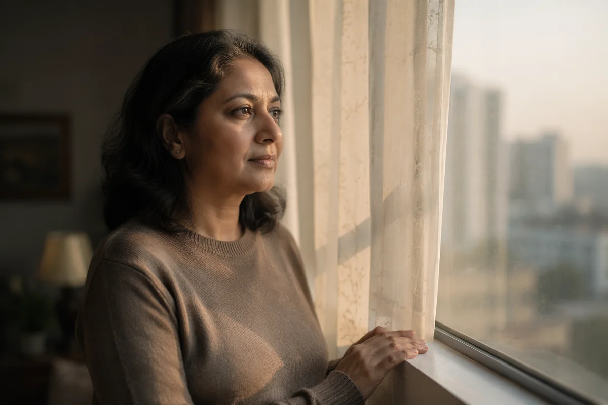 Thoughtful Woman by Apartment Window