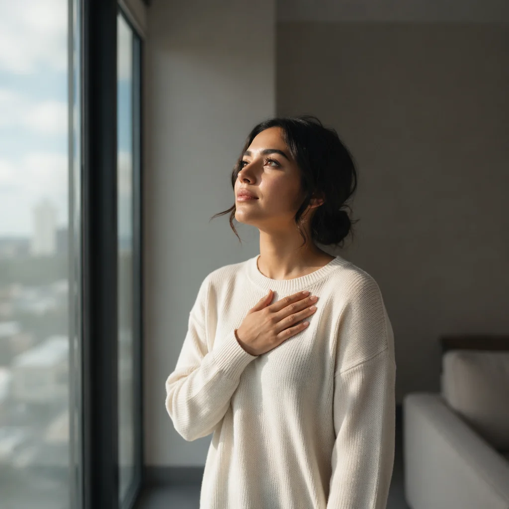 Hopeful Woman Looking Up by Window