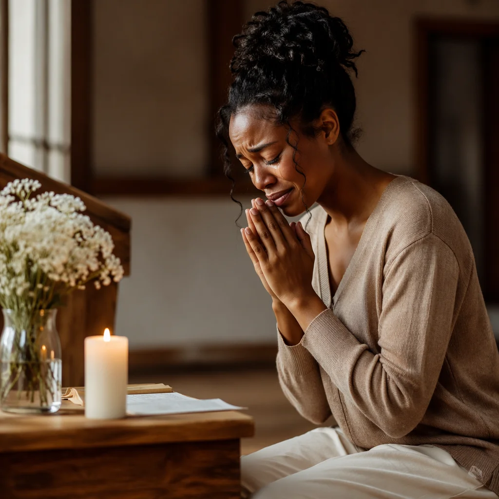 Young Woman Praying Beside Wooden Altar