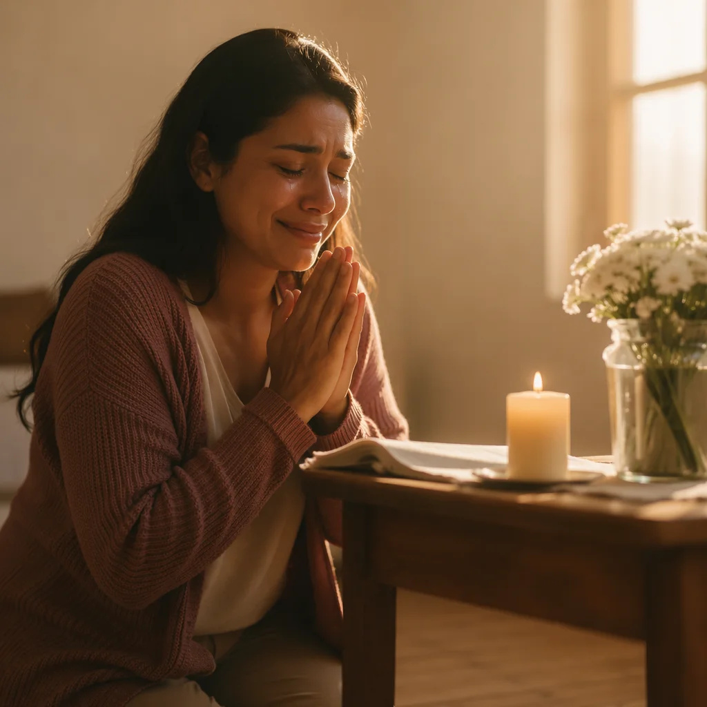 Young Woman Kneeling Beside Wooden Altar
