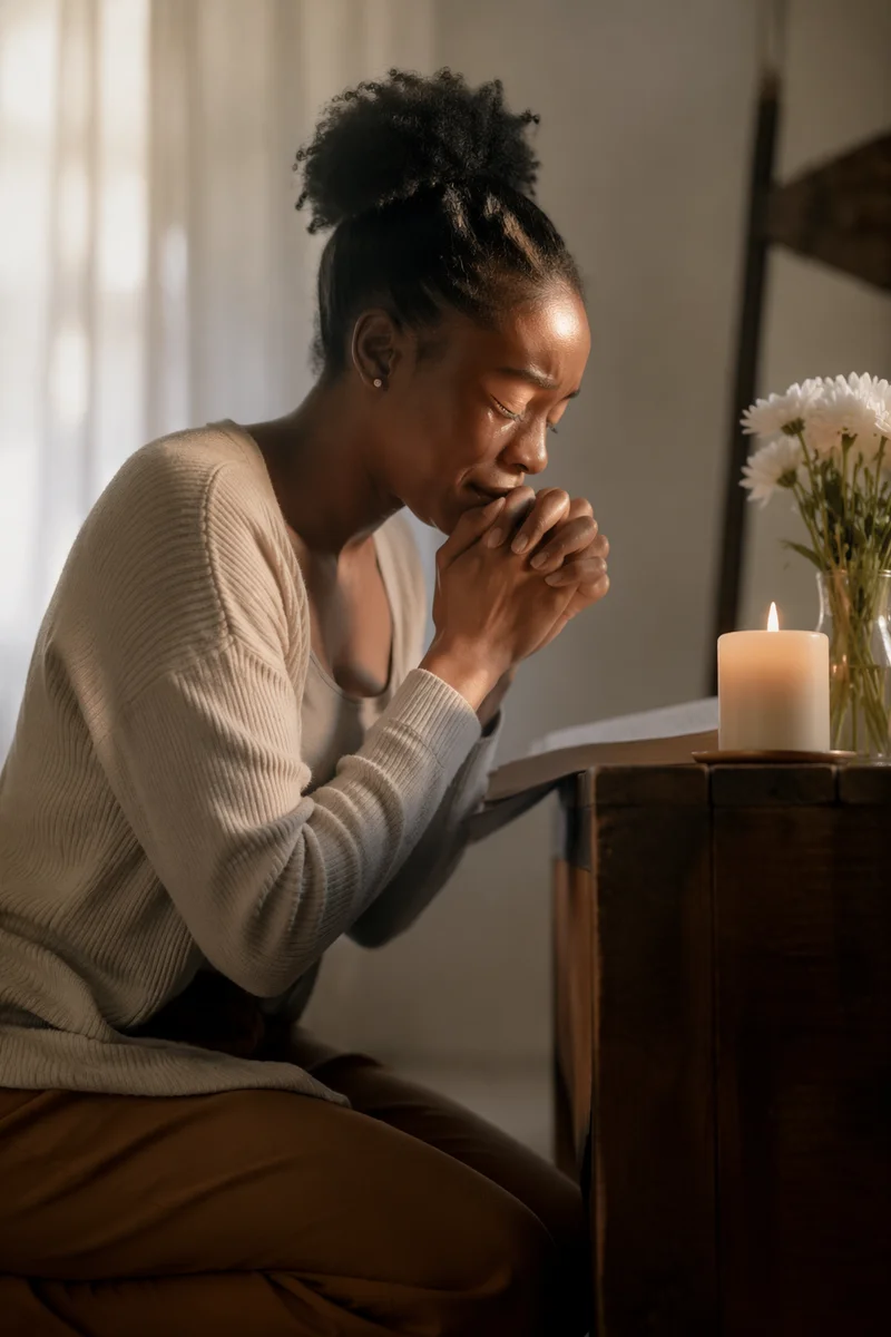 Young Woman Kneeling in Prayer Indoors