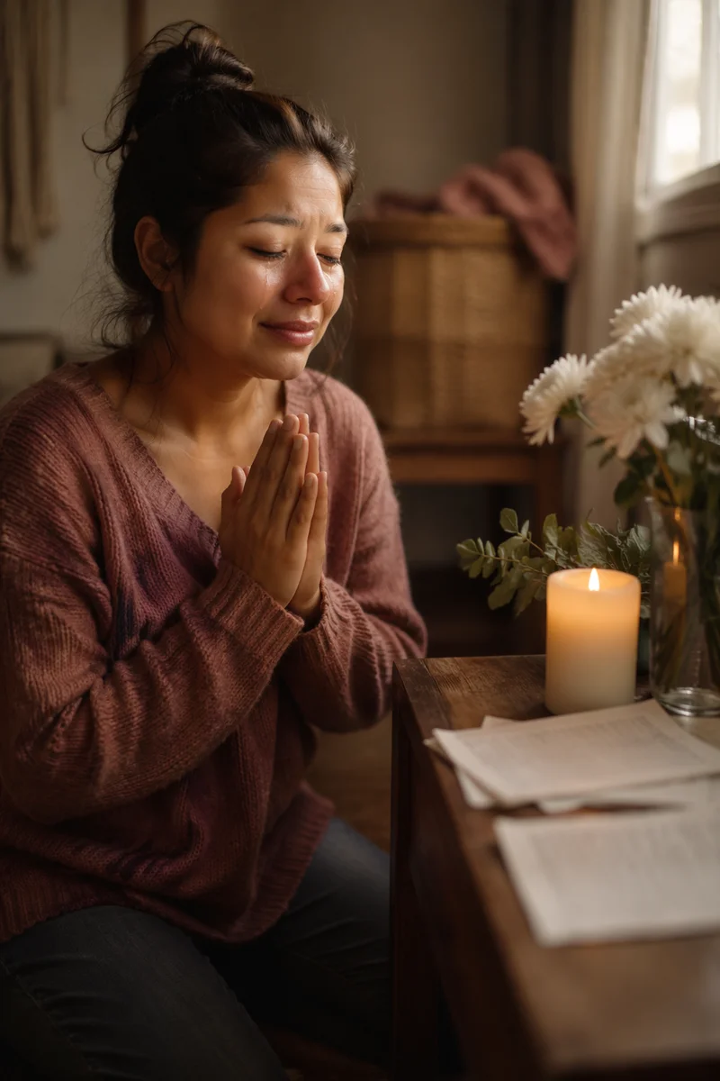 Young Woman Kneeling Beside Wooden Table