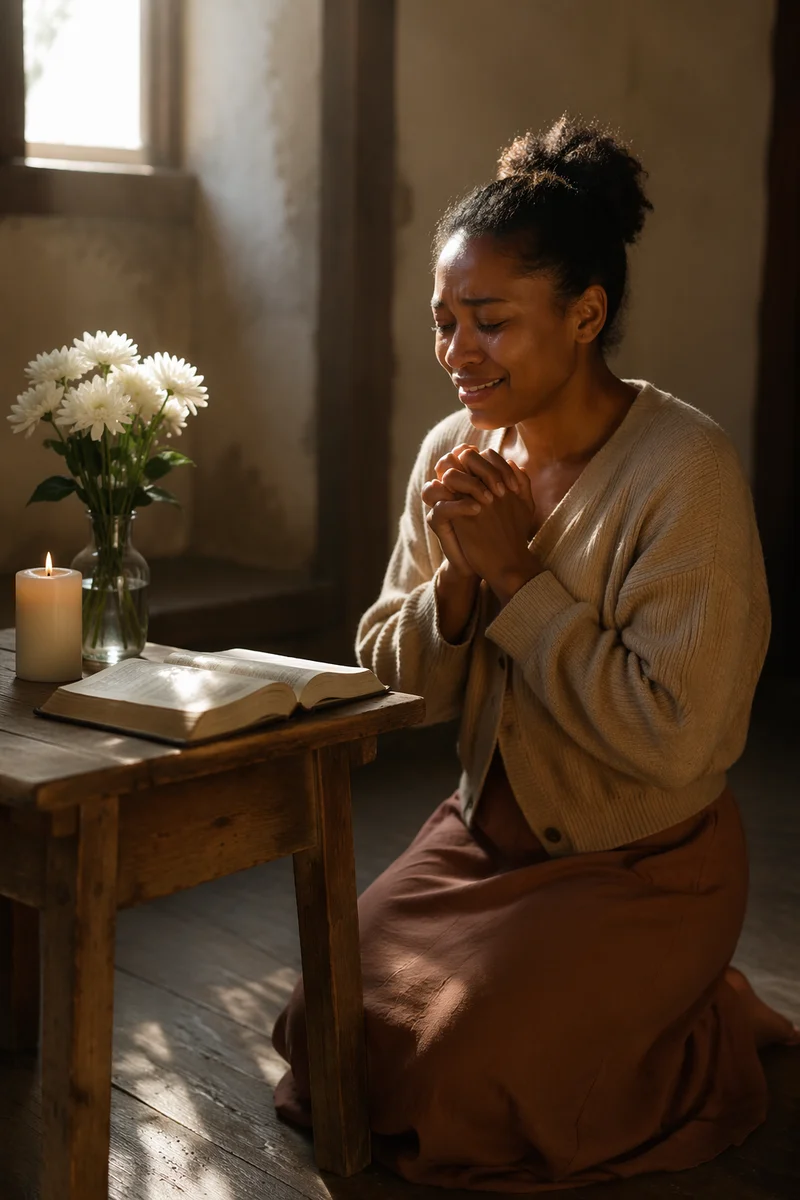 Young Woman Praying Beside Wooden Altar