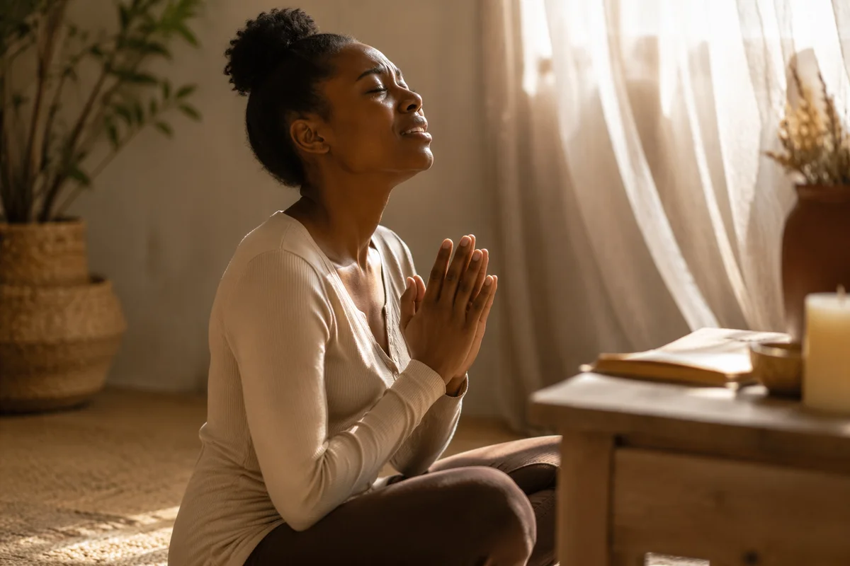 Young Woman Kneeling in Prayer Indoors