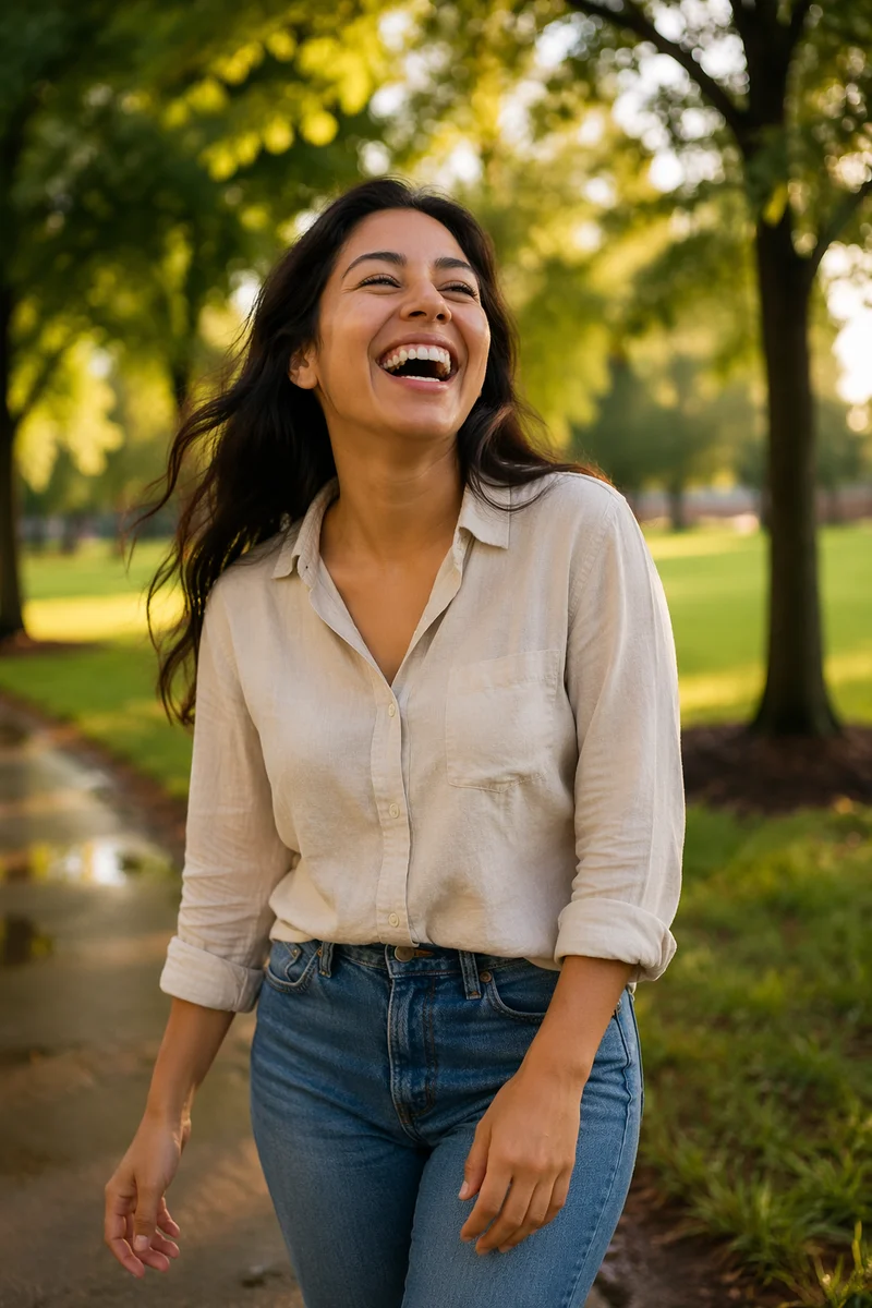 Young Woman Laughing in Leafy Park
