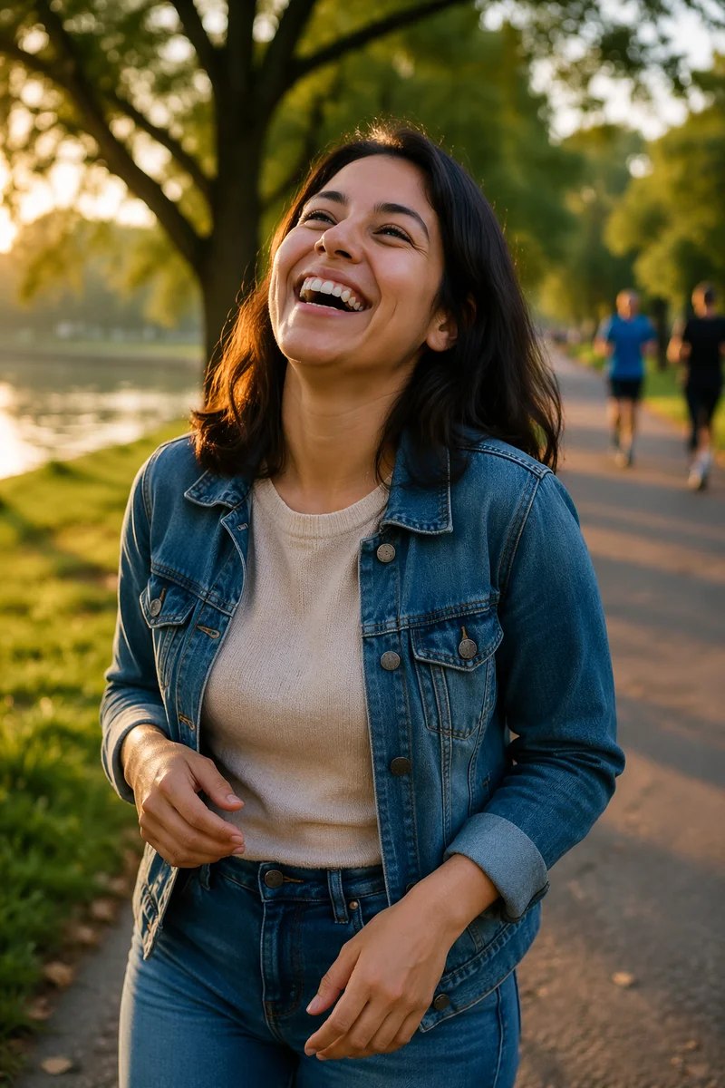 Laughing Young Woman in Morning Park