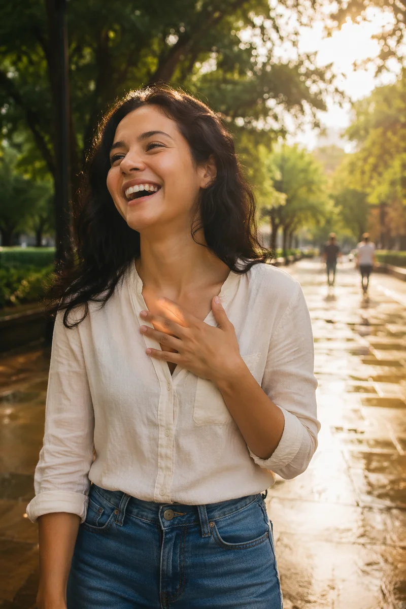 Young Woman Laughing in Rainy Park