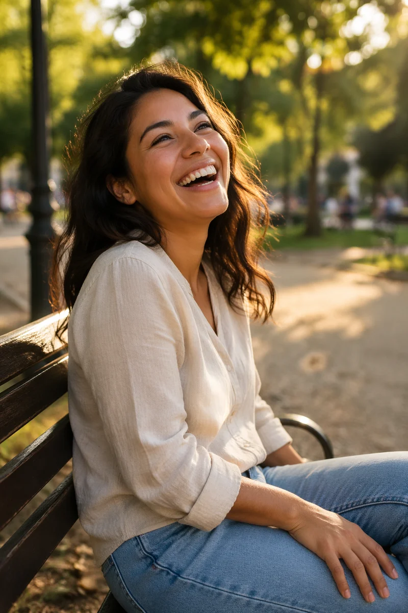 Young Woman Laughing on Park Bench