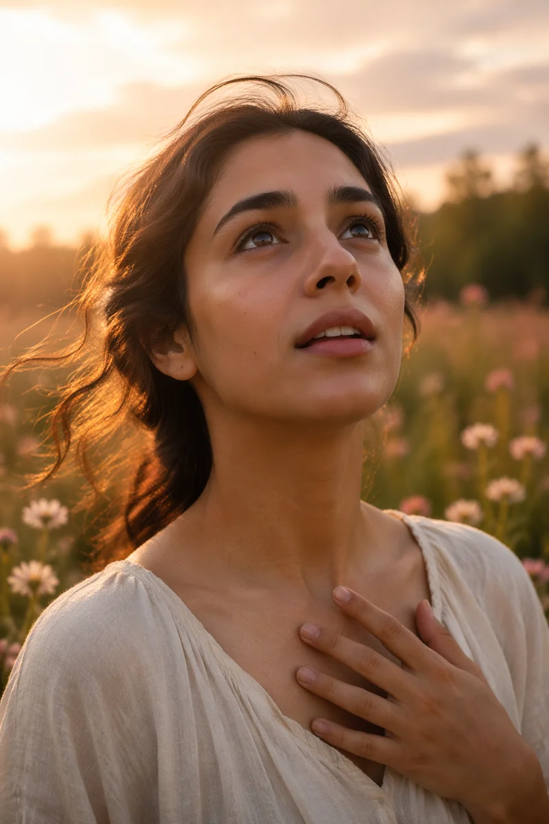 Awe-Struck Woman in Wildflower Meadow