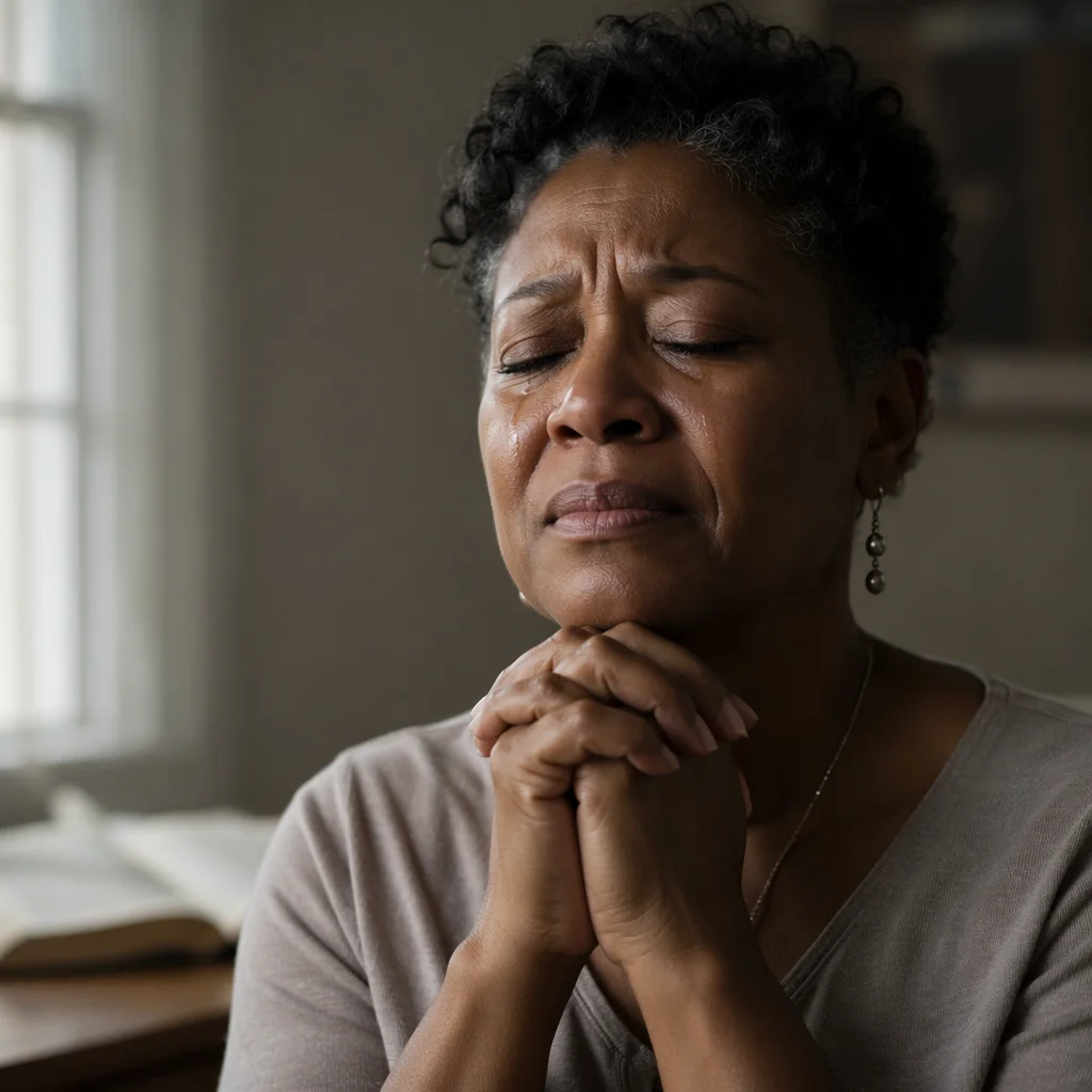 Tearful Woman Praying in Soft Light