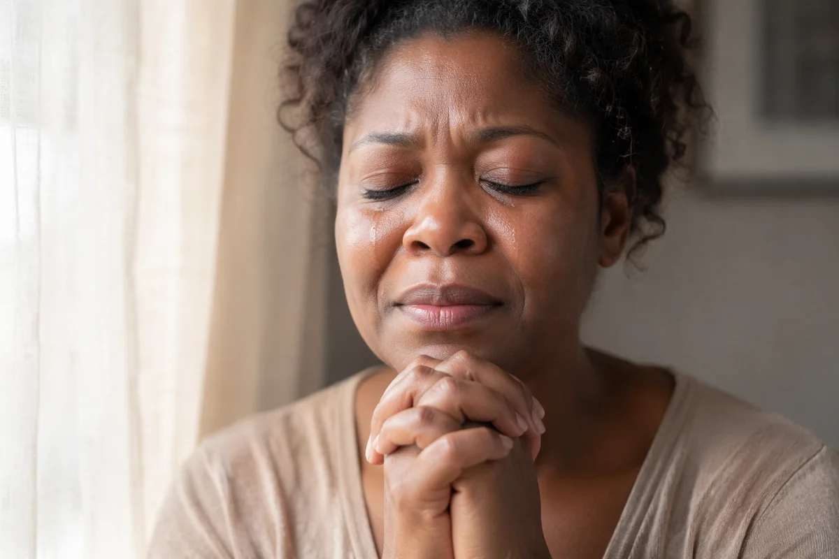 Tearful Woman Praying in Soft Morning Light