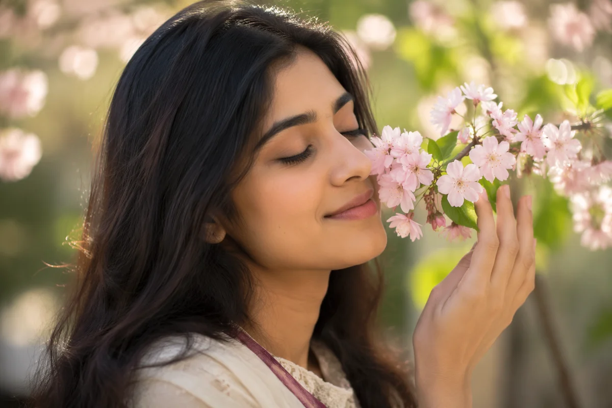 Young Woman Smelling Pink Spring Blossoms