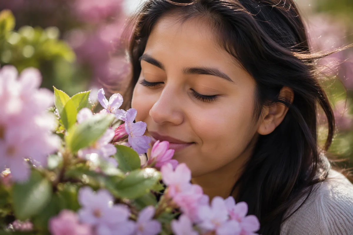 Young Woman Smelling Spring Flowers Close Up