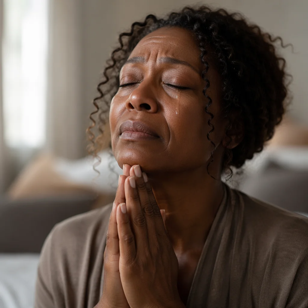 Tearful Woman Praying in Soft Morning Light