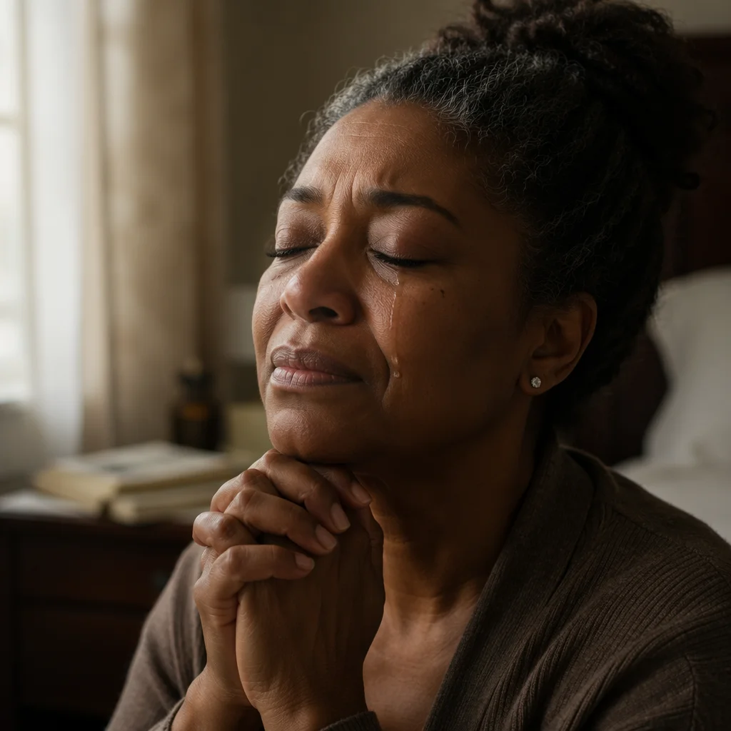 Tearful Woman Praying in Soft Morning Light