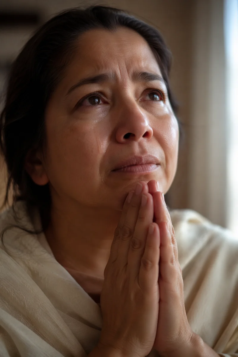 Tearful Woman Praying in Soft Light