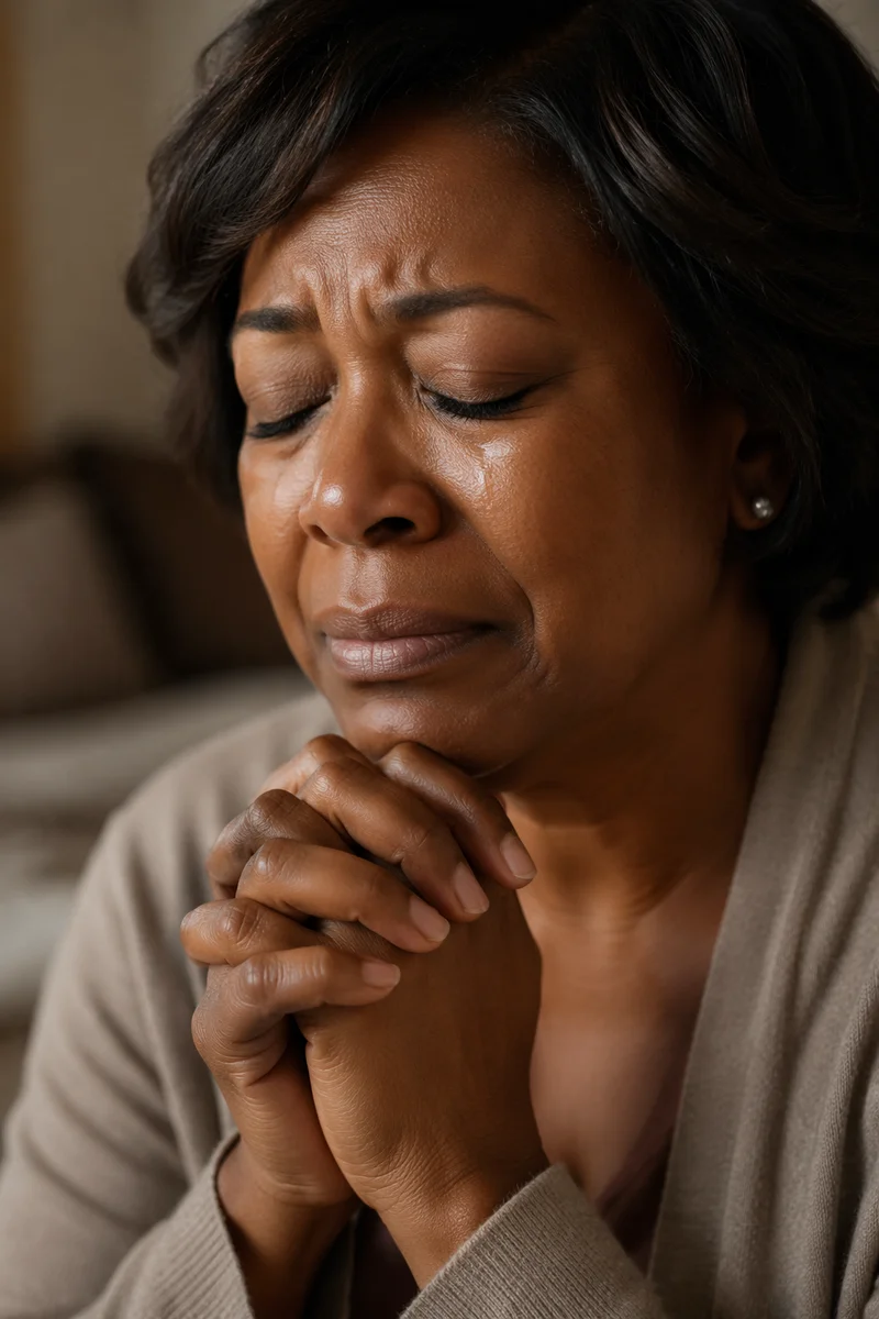 Tearful Woman Praying in Soft Light