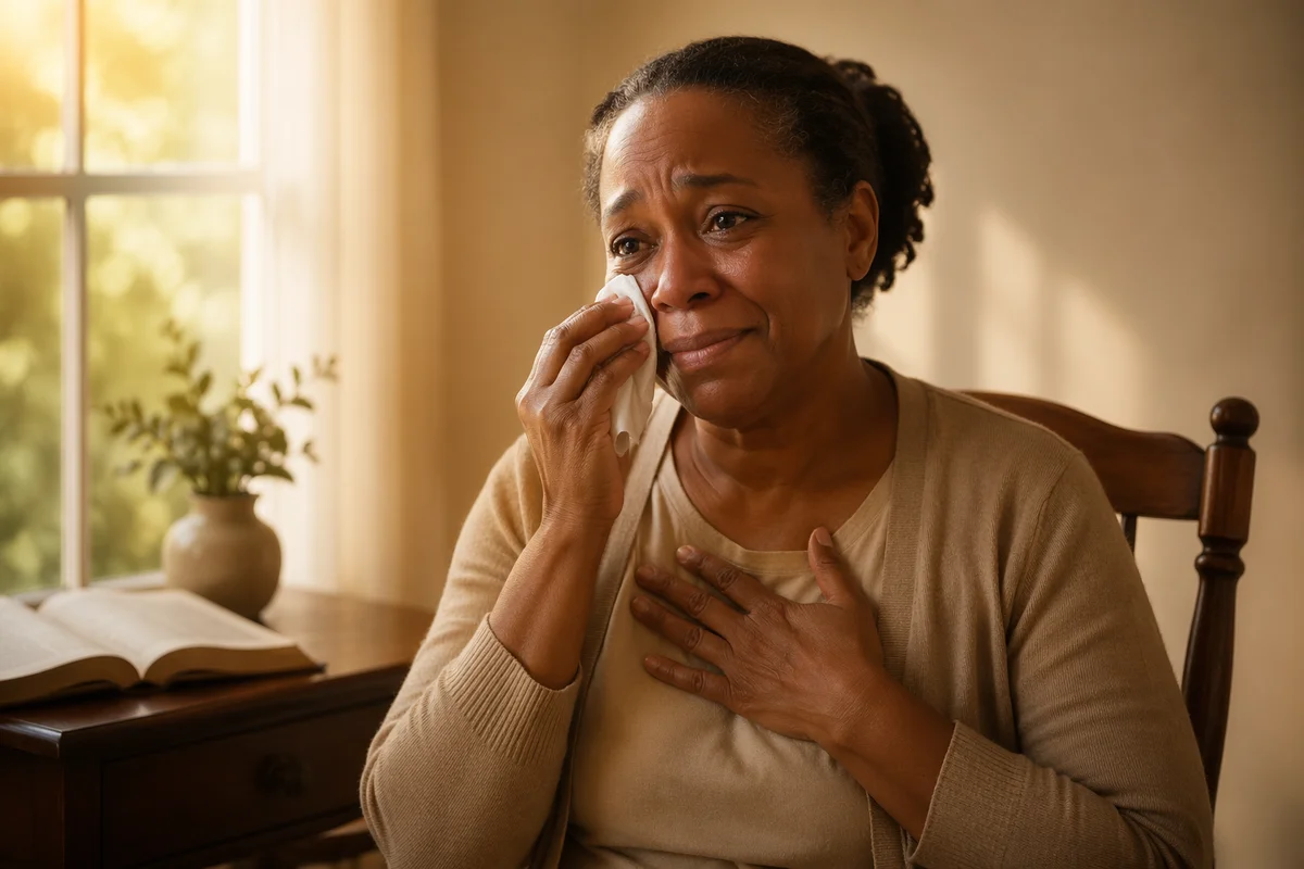 Emotional Woman Wiping Tears in Sunlit Room