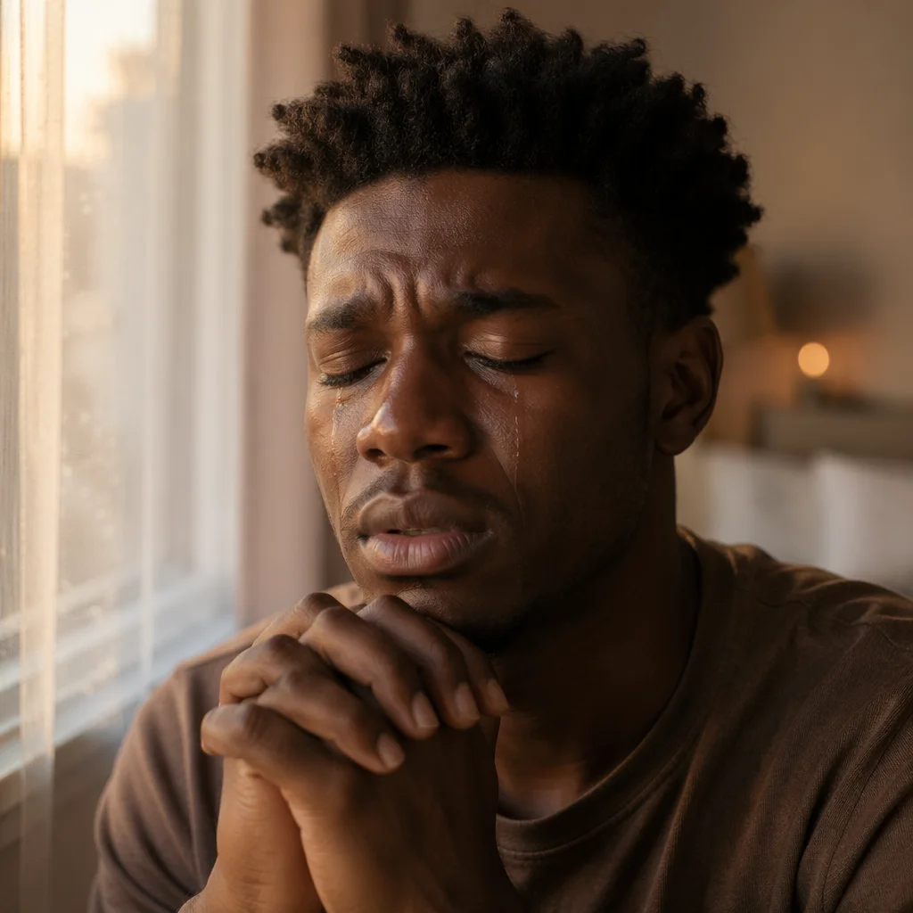 Emotional Young Man Praying by Window