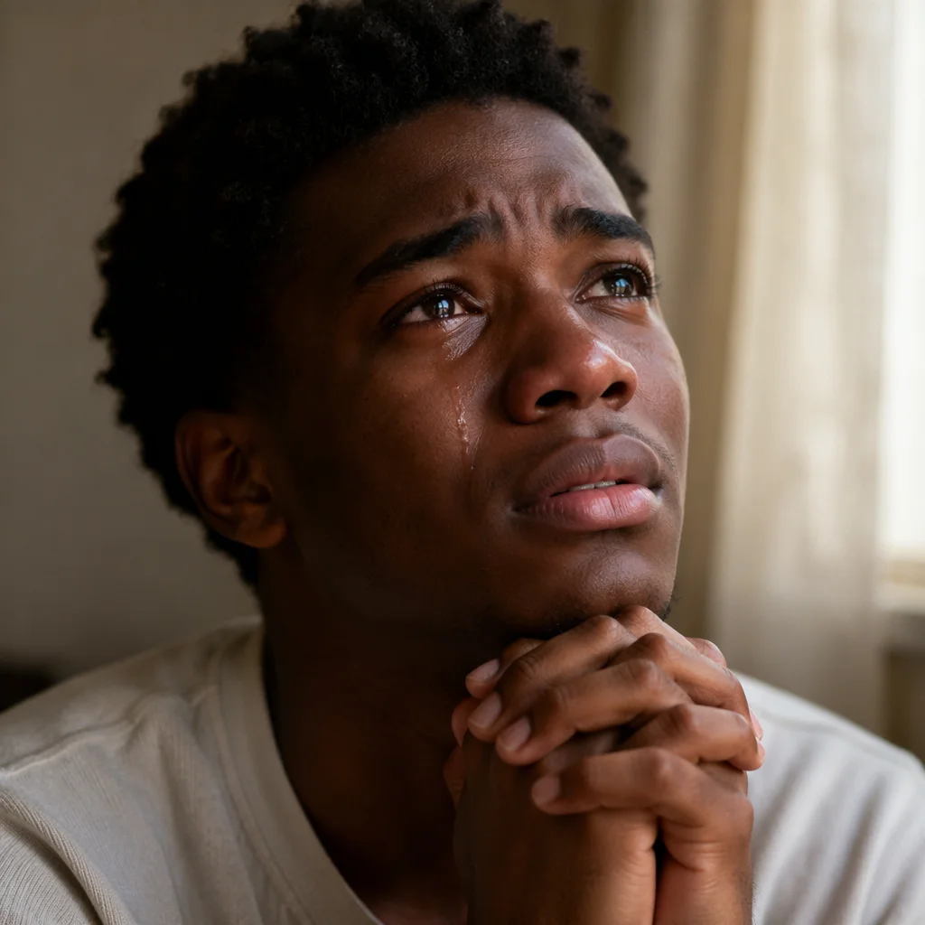 Emotional Young Man in Prayer Close Up