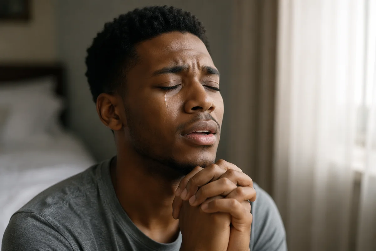 Emotional Young Man Praying by Window