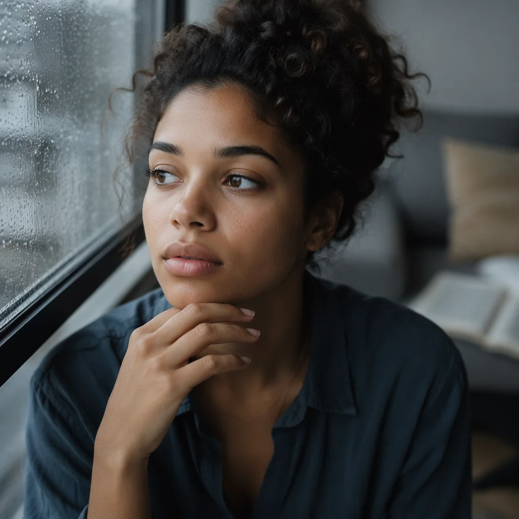 Thoughtful Young Adult by Rainy Window