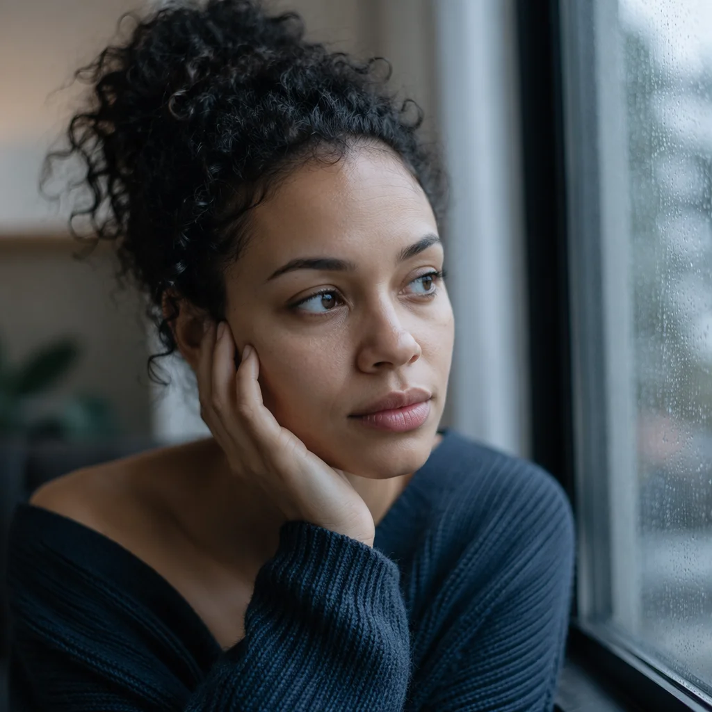 Thoughtful Young Adult by Rainy Window