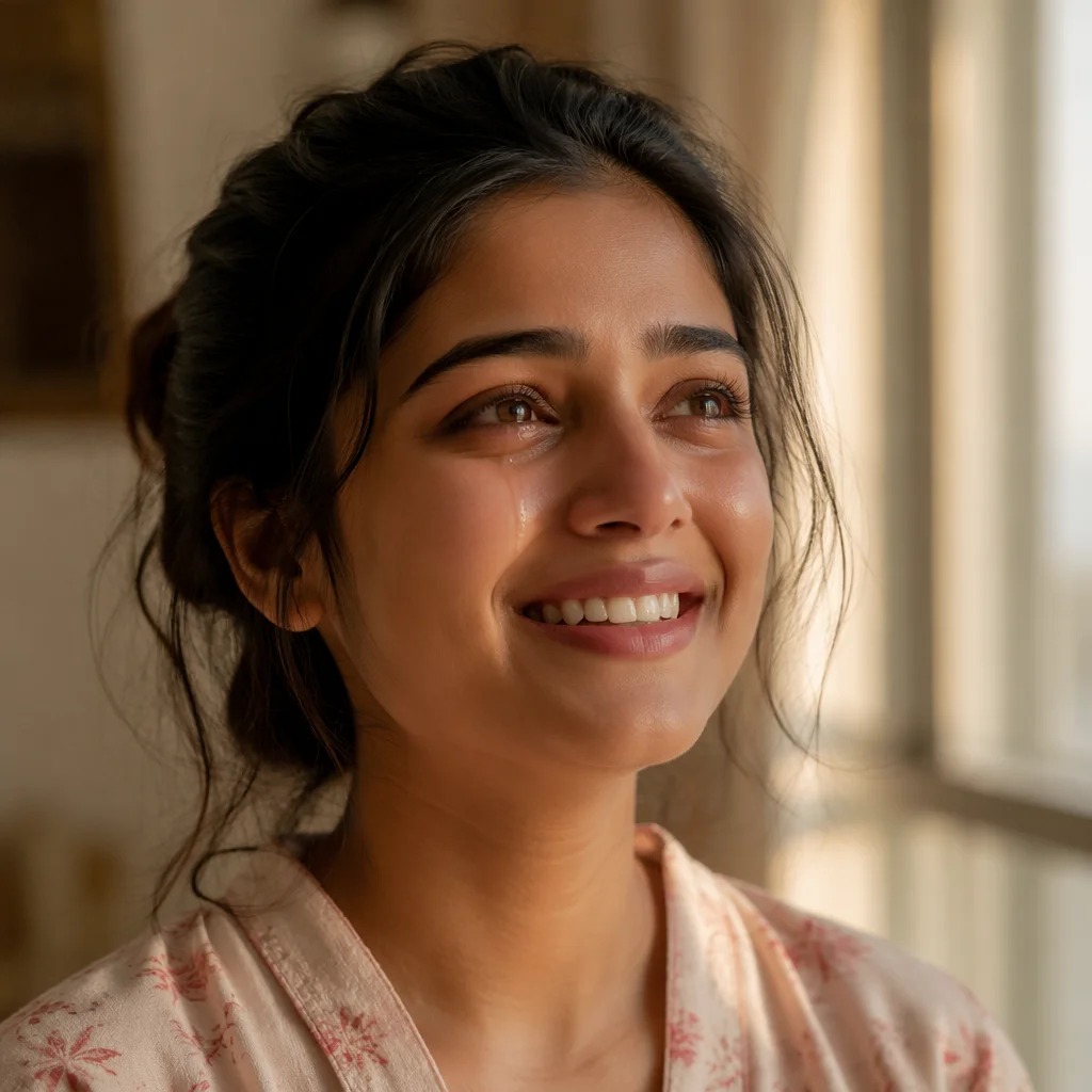 Young Woman Smiling Through Happy Tears