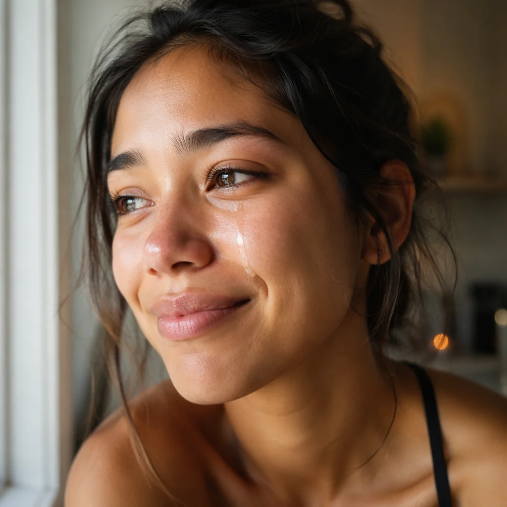 Young Woman Smiling Through Happy Tears