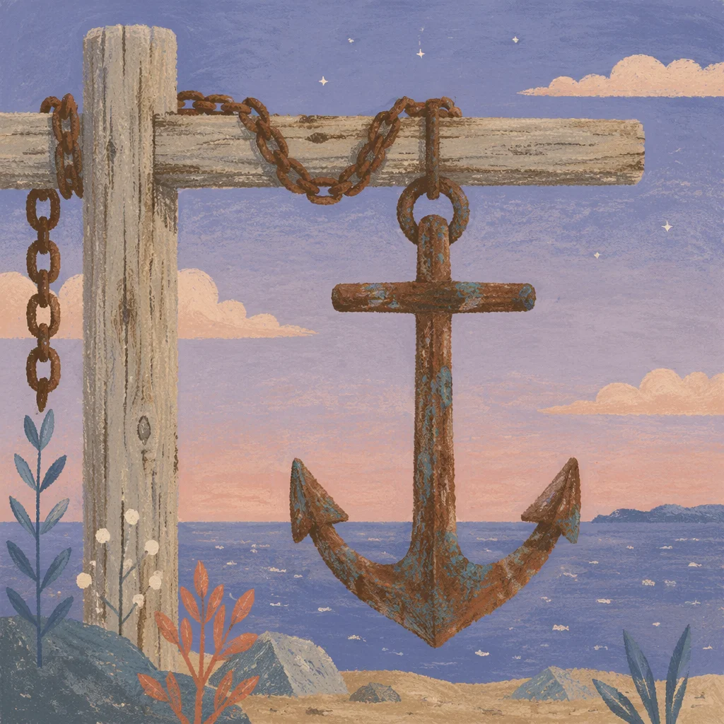 Rustic Anchor Cross at Twilight Sea